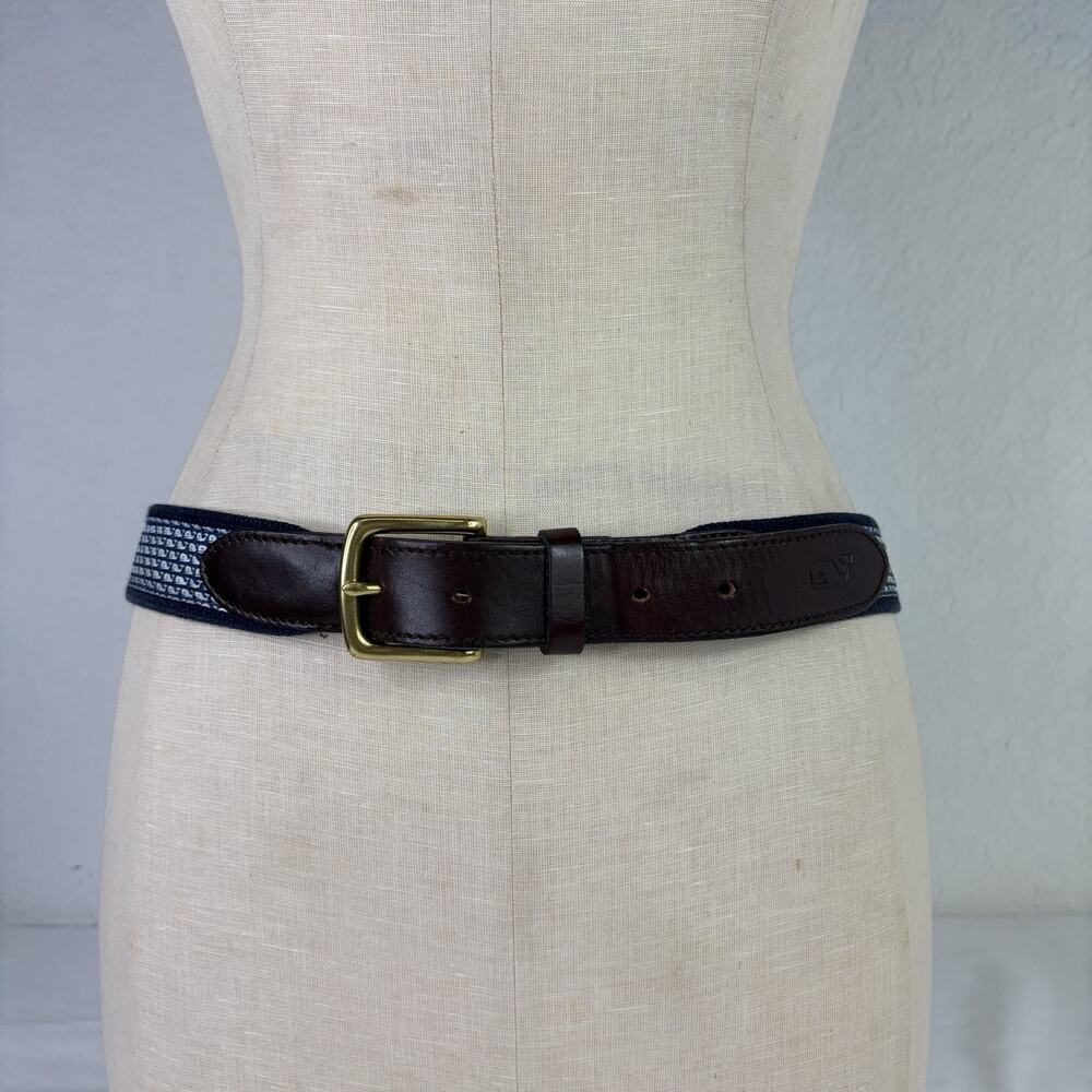 Vineyard Vines Blue Silk And Leather Men’s Belt Size 34, wheal print, preppy
